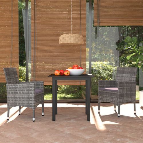 Mobilier à dîner de jardin et coussins 3pcs Résine tressée Gris 2 - Photo n°2; ?>