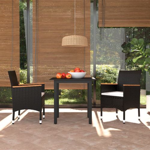 Mobilier à dîner de jardin et coussins 3pcs Résine tressée Noir 4 - Photo n°2; ?>