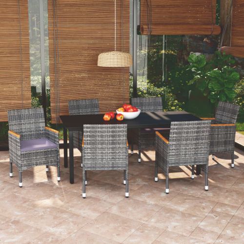 Mobilier à dîner de jardin et coussins 7pcs Résine tressée Gris 5 - Photo n°2; ?>