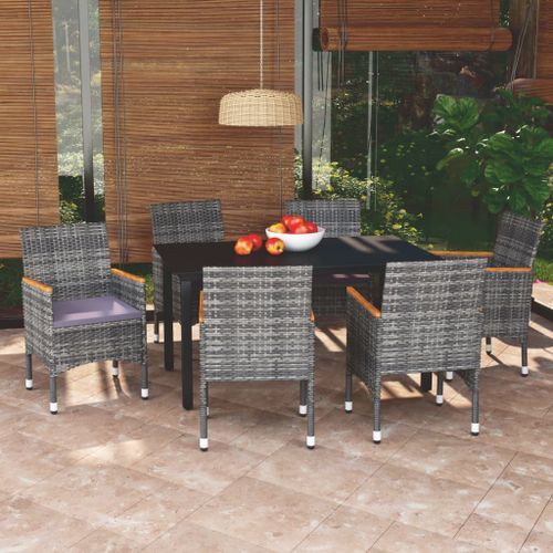 Mobilier à dîner de jardin et coussins 7pcs Résine tressée Gris 4 - Photo n°2; ?>