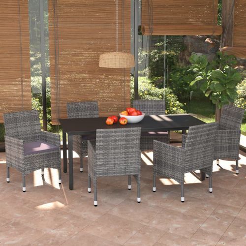 Mobilier à dîner de jardin et coussins 7pcs Résine tressée Gris 3 - Photo n°2; ?>