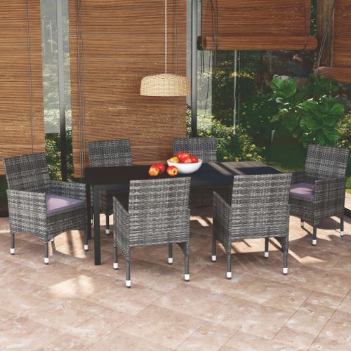 Mobilier à dîner de jardin et coussins 7pcs Résine tressée Gris - Photo n°2; ?>