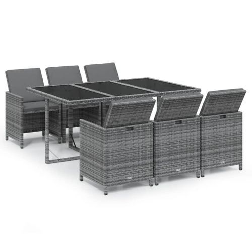 Mobilier à dîner de jardin et coussins 7pcs Résine tressée Gris - Photo n°2; ?>