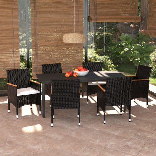 Mobilier à dîner de jardin et coussins 7pcs Résine tressée Noir 4 - Photo n°2; ?>