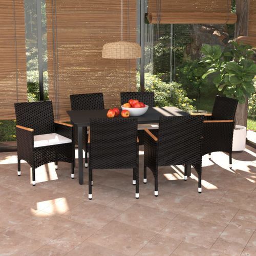 Mobilier à dîner de jardin et coussins 7pcs Résine tressée Noir 2 - Photo n°2; ?>