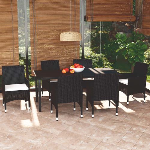 Mobilier à dîner de jardin et coussins 7pcs Résine tressée Noir 3 - Photo n°2; ?>