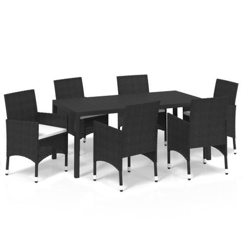 Mobilier à dîner de jardin et coussins 7pcs Résine tressée Noir - Photo n°2; ?>