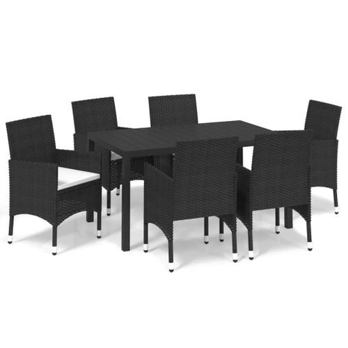 Mobilier à dîner de jardin et coussins 7pcs Résine tressée Noir - Photo n°2; ?>