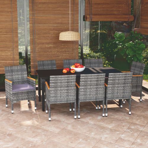 Mobilier à dîner de jardin et coussins 9pcs Résine tressée Gris 2 - Photo n°2; ?>