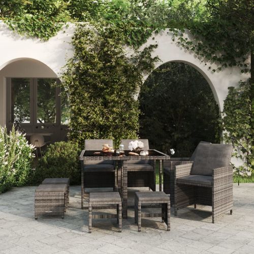 Mobilier à dîner de jardin et coussins 9pcs Résine tressée Gris 3 - Photo n°2; ?>