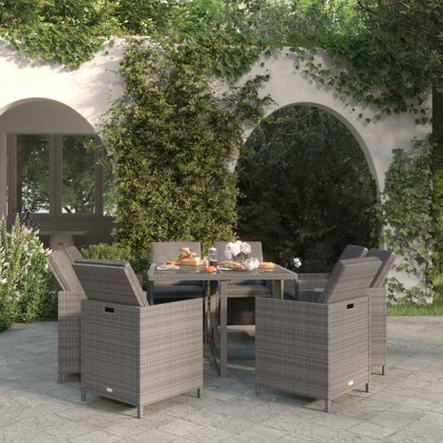 Mobilier à dîner de jardin et coussins 9pcs Résine tressée Gris - Photo n°2; ?>