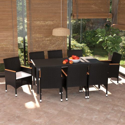 Mobilier à dîner de jardin et coussins 9pcs Résine tressée Noir 4 - Photo n°2; ?>