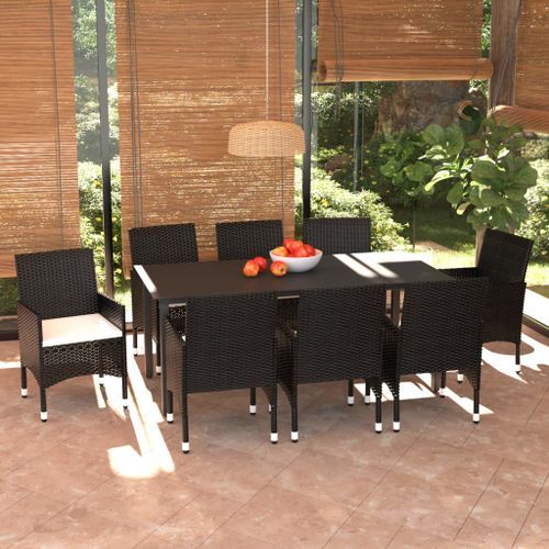 Mobilier à dîner de jardin et coussins 9pcs Résine tressée Noir 5 - Photo n°2; ?>