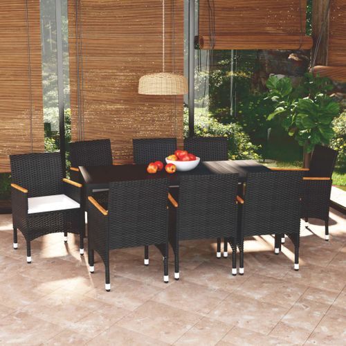 Mobilier à dîner de jardin et coussins 9pcs Résine tressée Noir 2 - Photo n°2; ?>