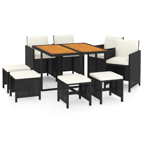 Mobilier à dîner de jardin et coussins 9pcs Résine tressée Noir - Photo n°2; ?>