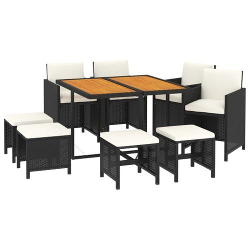 Mobilier à dîner de jardin et coussins 9pcs Résine tressée Noir - Photo n°3; ?>