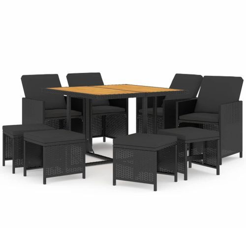 Mobilier à dîner de jardin et coussins 9pcs Résine tressée Noir - Photo n°2; ?>