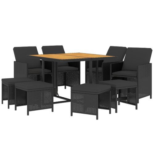 Mobilier à dîner de jardin et coussins 9pcs Résine tressée Noir - Photo n°3; ?>