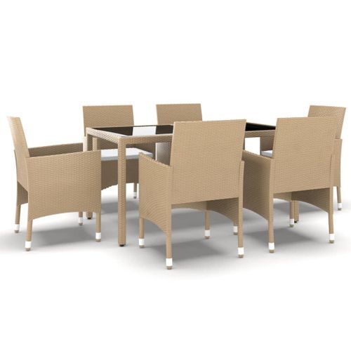 Mobilier à dîner jardin 7 pcs Résine tressée verre trempé Beige - Photo n°2; ?>