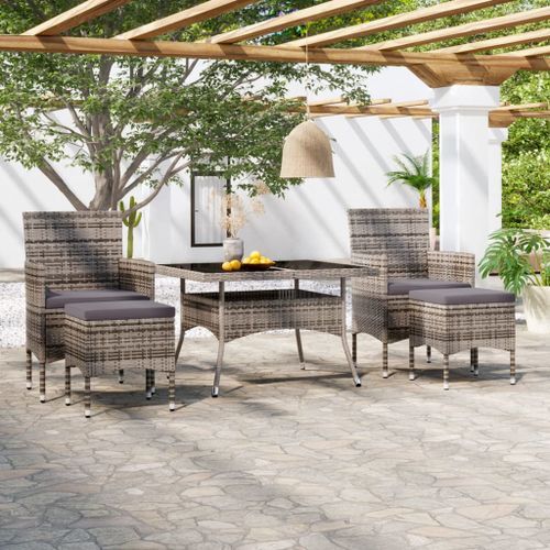 Mobilier dîner jardin 5 pcs Résine tressée et verre trempé Gris 2 - Photo n°2; ?>