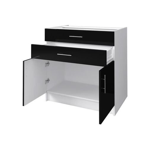 OBI Caisson bas de cuisine avec 2 portes, 2 tiroirs L 80 cm - Blanc et noir laqué brillant - Photo n°2; ?>