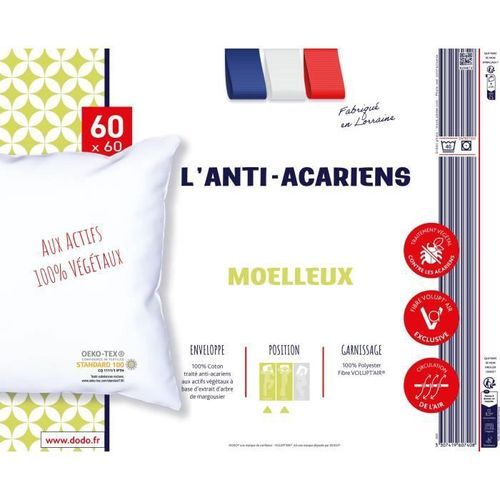 Oreiller - L'ANTI-ACARIENS - Aux actifs 100% végétaux - 60 x 60 cm - Polyester et fibre Volupt'air - DODO - Photo n°2; ?>