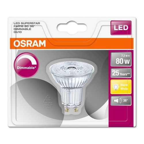 OSRAM Ampoule Spot LED PAR16 GU10 7,2 W équivalent a 80 W blanc chaud dimmable - Photo n°3; ?>