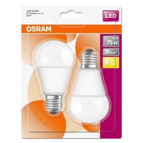 OSRAM Lot de 2 Ampoules E27 LED standard dépolie 8 W équivalent a 75 W blanc chaud - Photo n°3; ?>