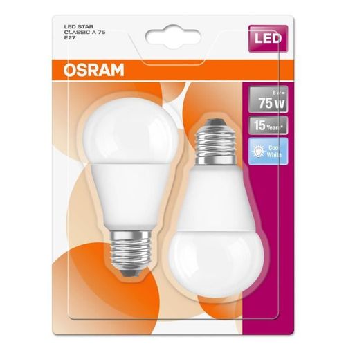 OSRAM Lot de 2 Ampoules LED E27 standard dépolie 8 W équivalent a 75 W blanc froid - Photo n°3; ?>