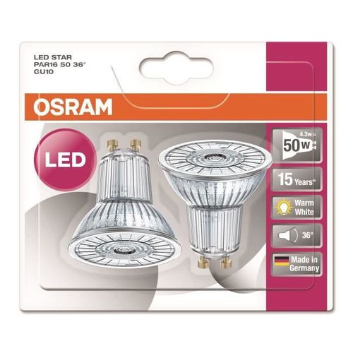 OSRAM Lot de 2 Ampoules Spots LED PAR16 GU10 4,3 W équivalent a 50 W blanc chaud - Photo n°2; ?>