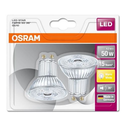 OSRAM Lot de 2 Ampoules Spots LED PAR16 GU10 4,3 W équivalent a 50 W blanc chaud - Photo n°3; ?>