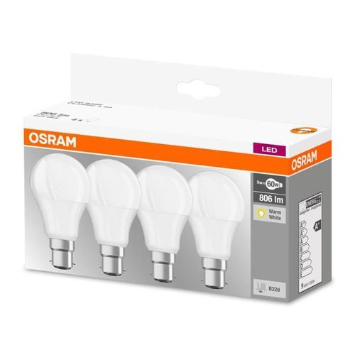 OSRAM Lot de 4 Ampoules LED B22 standard dépolie 9 W équivalent a 60 W blanc chaud - Photo n°3; ?>
