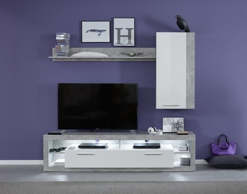 Pack 1 banc TV 1 meuble suspendu et 1 étagère blanc brillant et gris Roska - Photo n°2; ?>
