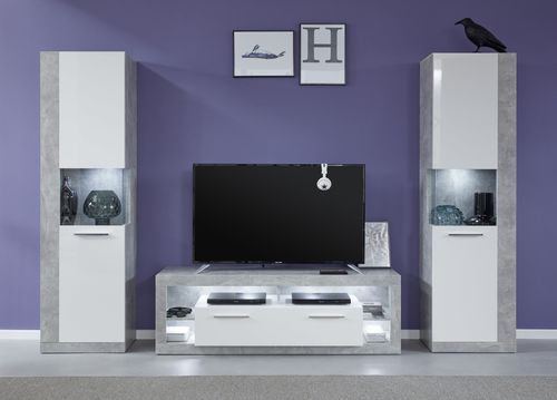 Pack meuble TV et 2 colonnes de rangement à Led blanc brillant et gris Roska - Photo n°2; ?>