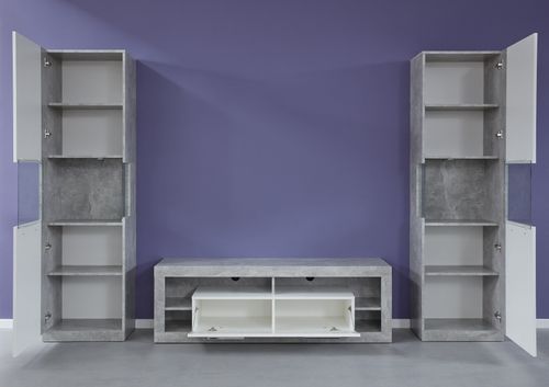 Pack meuble TV et 2 colonnes de rangement à Led blanc brillant et gris Roska - Photo n°3; ?>
