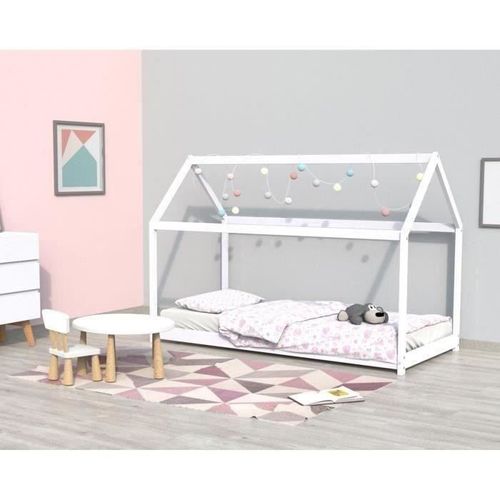 PANDA Lit enfant cabane - Style junior - Bois pin massif blanc - Sommier en bois épicéa inclus - l 90 x L 190 cm - Photo n°3; ?>