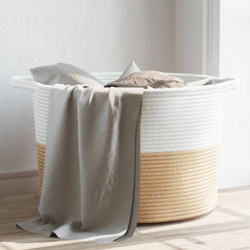 Panier à linge beige et blanc Ø55x36 cm coton - Photo n°2; ?>