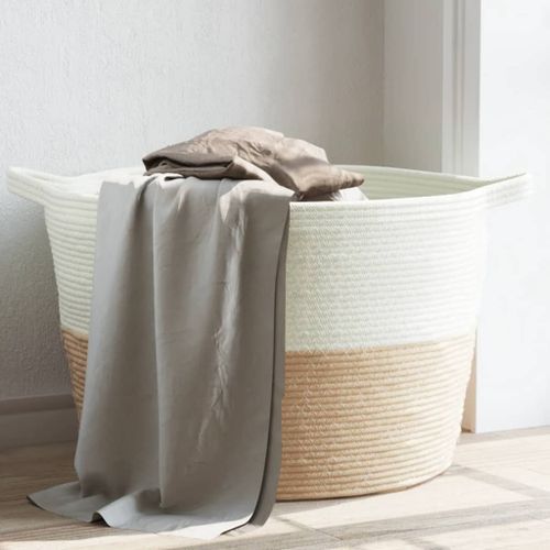 Panier à linge beige et blanc Ø60x36 cm coton - Photo n°2; ?>