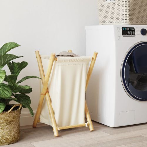 Panier à linge blanc crème 41,5x36x63,5 cm bambou - Photo n°3; ?>