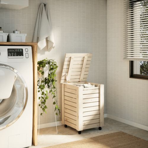 Panier à linge et roulettes RANA 45x45x64 cm bois massif de pin - Photo n°3; ?>