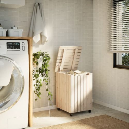 Panier à linge et roulettes RANA 45x45x64 cm bois massif de pin - Photo n°3; ?>