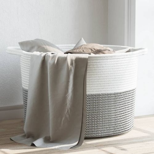 Panier à linge gris et blanc Ø55x36 cm coton - Photo n°2; ?>