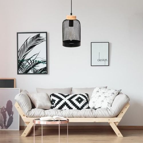 PARIS Suspension Cloche Grille Métal - Noir et Bois - Photo n°3; ?>
