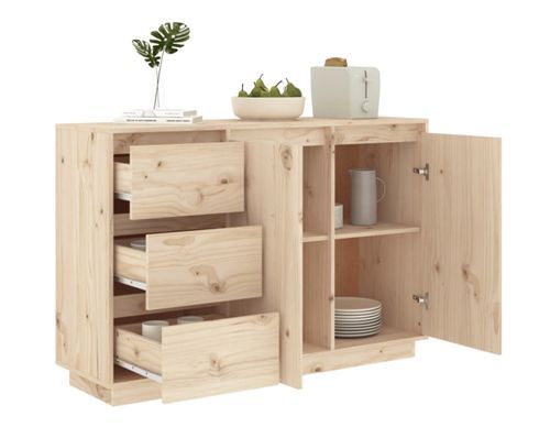 Petit buffet 2 portes 3 tiroirs en bois massif de pin Romane – Style classique et fonctionnel - Photo n°2; ?>