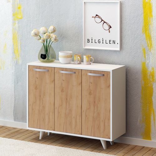 Petit buffet moderne blanc et chêne clair 3 portes Fabio 100 cm - Photo n°2; ?>