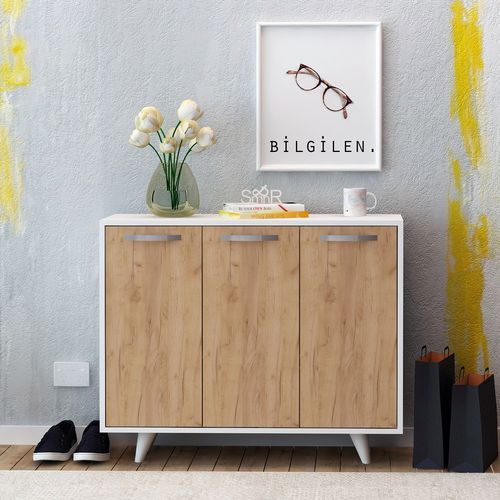 Petit buffet moderne blanc et chêne clair 3 portes Fabio 100 cm - Photo n°3; ?>