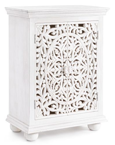 Petit meuble artisanal 2 portes bois massif blanc Nina 70 cm - Photo n°2; ?>