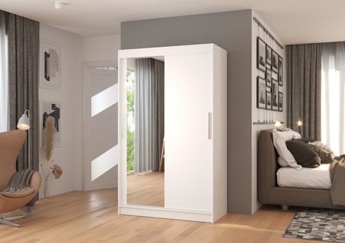 Petite armoire de chambre 2 portes coulissantes 1 bois blanc 1 miroir Roba 120 cm - Photo n°2; ?>