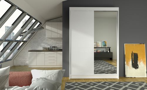 Petite armoire de chambre 2 portes coulissantes 1 bois blanc 1 miroir Roxane 120 cm - Photo n°2; ?>