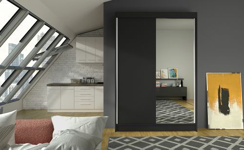 Petite armoire de chambre 2 portes coulissantes 1 bois noir 1 miroir Roxane 120 cm - Photo n°2; ?>